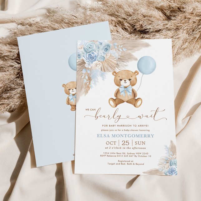 Boho Teddy Bear We Can Bearly Wait Boy Baby Shower Invitation (Creator Uploaded)
