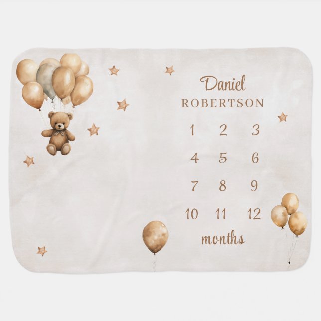 Boho Teddy Bear with Balloons Baby Milestone Baby Blanket (Horizontal)