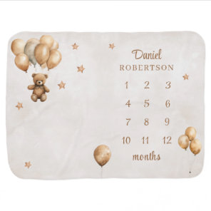 Boho Teddy Bear with Balloons Baby Milestone Blanket