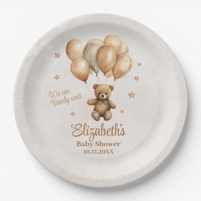 Boho Teddy Bear with Balloons Baby Shower  Paper Plates (Front)