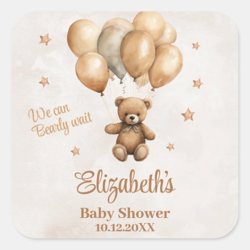 Boho Teddy Bear with Balloons Baby Shower  Square Sticker