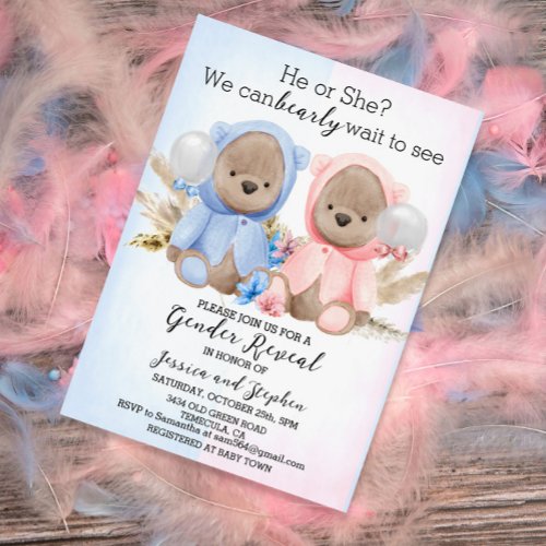 Boho Teddy Bears Pink Blue Gender Reveal Invitation