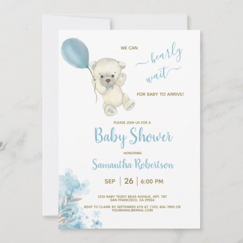 Boho Teddy Polar Bear Blue Balloon Boy Baby Shower Invitation