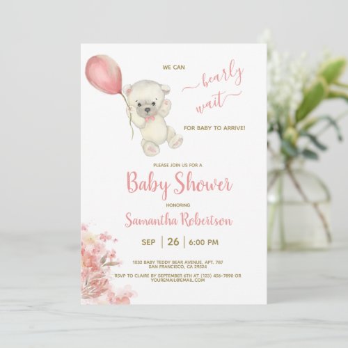 Boho Teddy Polar Bear Pink Balloon Baby Shower Invitation