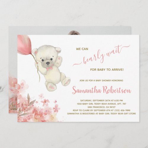 Boho Teddy Polar Bear Pink Pampa Grass Baby Shower Invitation