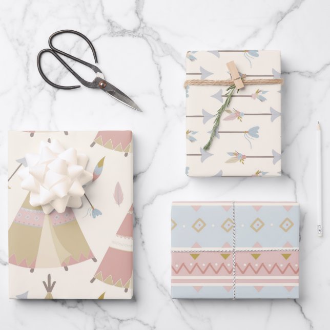 Boho Teepee Arrows Pastel Baby Shower Wrapping Paper Sheets (Front)