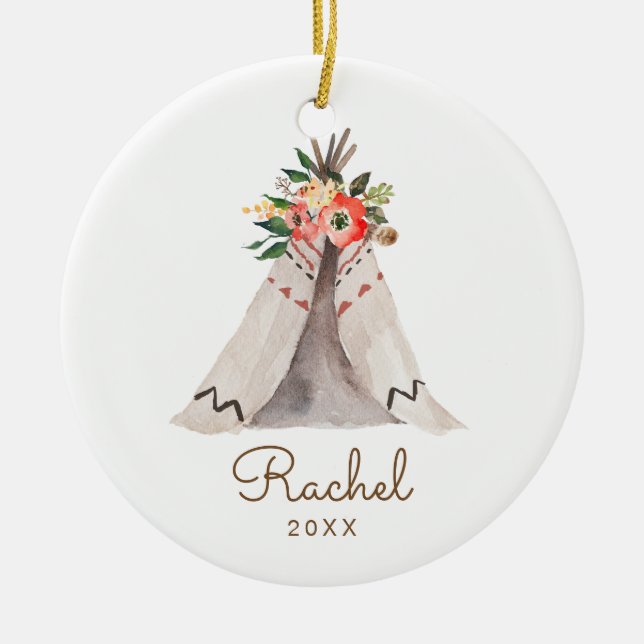 Boho Teepee Baby Girl Christmas Ornament (Front)