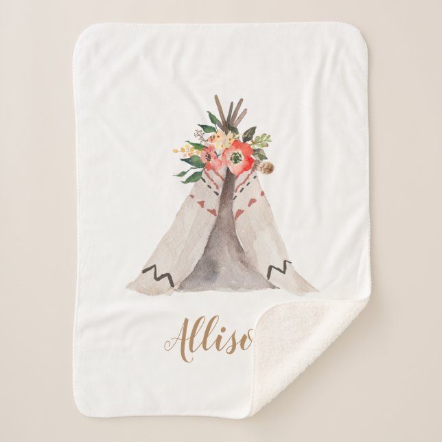 Boho Teepee Baby Girl Monogram Sherpa Blanket (Front)