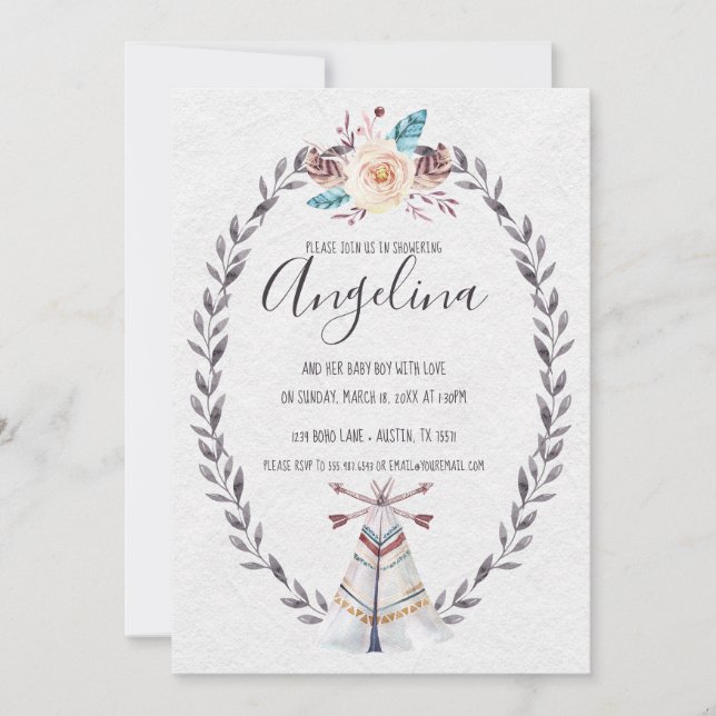 Boho Teepee Baby Shower Watercolor Arrows Invite (Front)