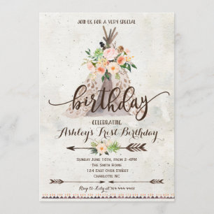 Boho TeePee birthday invitation, first birthday Invitation