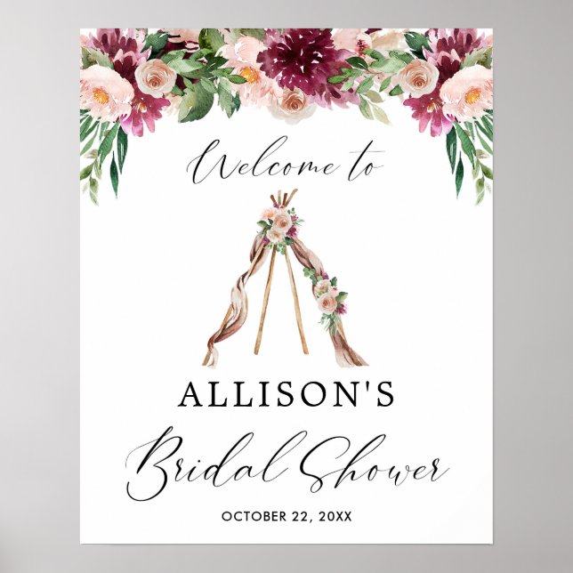 Boho teepee floral bridal shower welcome sign (Front)