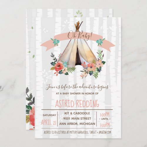 Boho Teepee Gender Neutral Rustic Baby Shower Invitation