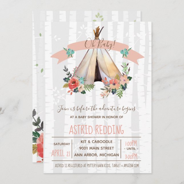 Boho Teepee Gender Neutral Rustic Baby Shower Invitation (Front/Back)