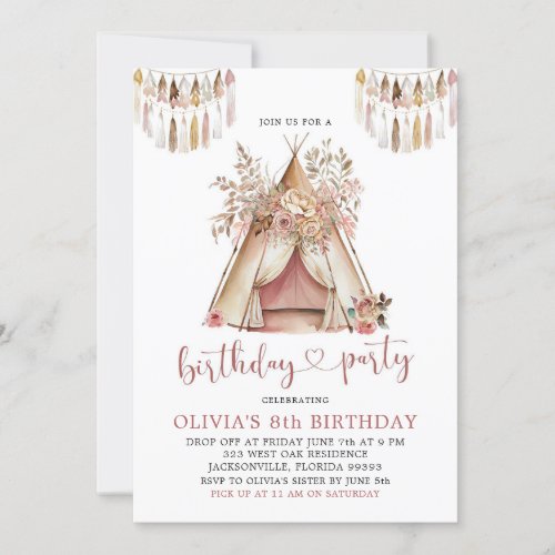 Boho Teepee Girl Floral Birthday Party Invitation