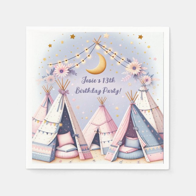 Boho Teepee Girly Sleepover Slumber Party Napkins (Front)