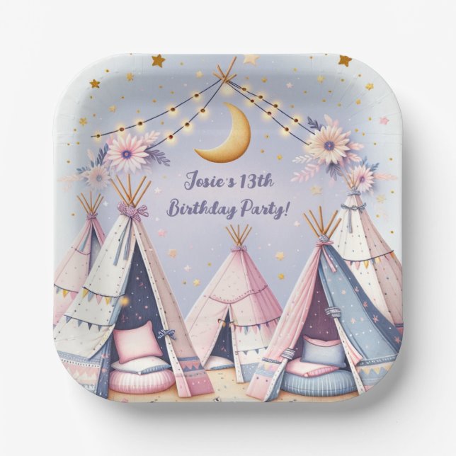 Boho Teepee Girly Sleepover Slumber Party Paper Plates (Front)