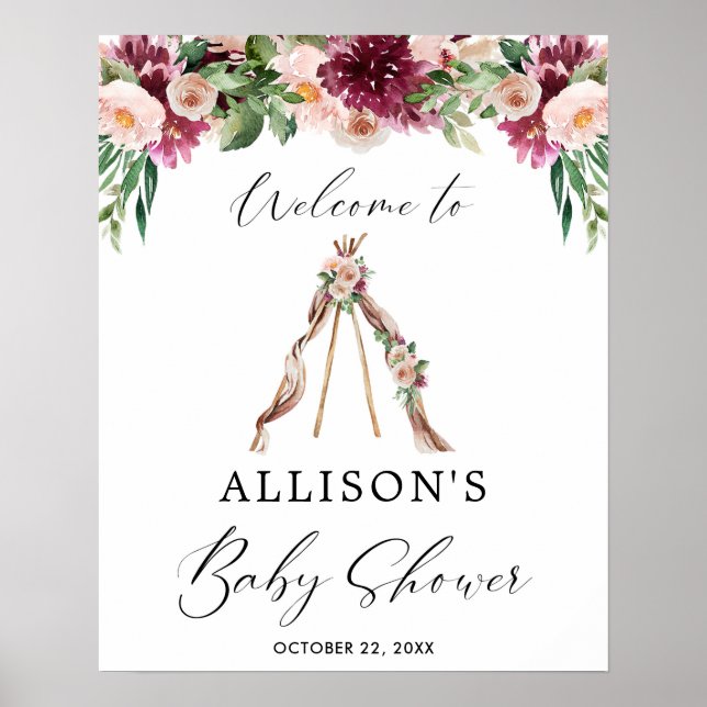 Boho teepee rustic floral baby shower welcome sign (Front)