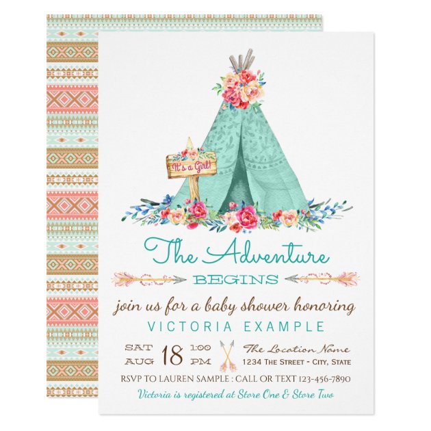 Boho TeePee Rustic Girl Baby Shower Invitations