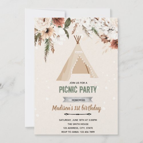 Boho teepee shower birthday invitation