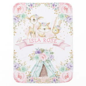 Boho Teepee Woodland Forest Animals Girl Nursery Baby Blanket