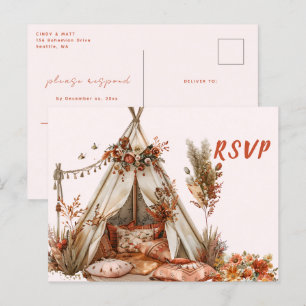 Boho Tent Feathers Wedding RSVP Postcard