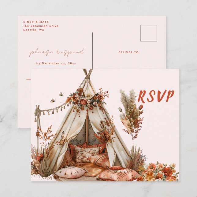 Boho Tent Feathers Wedding RSVP Postcard (Front/Back)