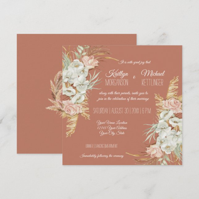 BOHO Terra Cotta Orchid Floral Pampas Palm Foliage Invitation (Front/Back)