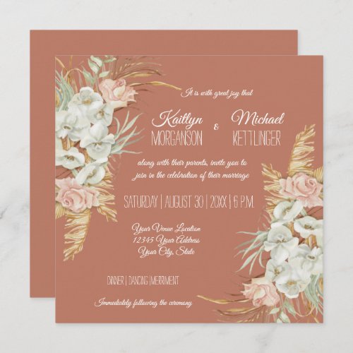 BOHO Terra Cotta Orchid Floral Pampas Palm Foliage Invitation