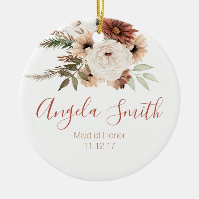 Boho Terracota Floral Maid of Honor Christmas Ceramic Ornament (Front)
