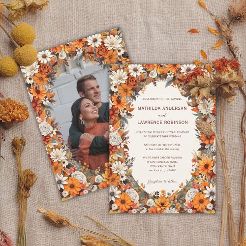 Boho Terracota Sage Floral Photo Fall Wedding Invitation