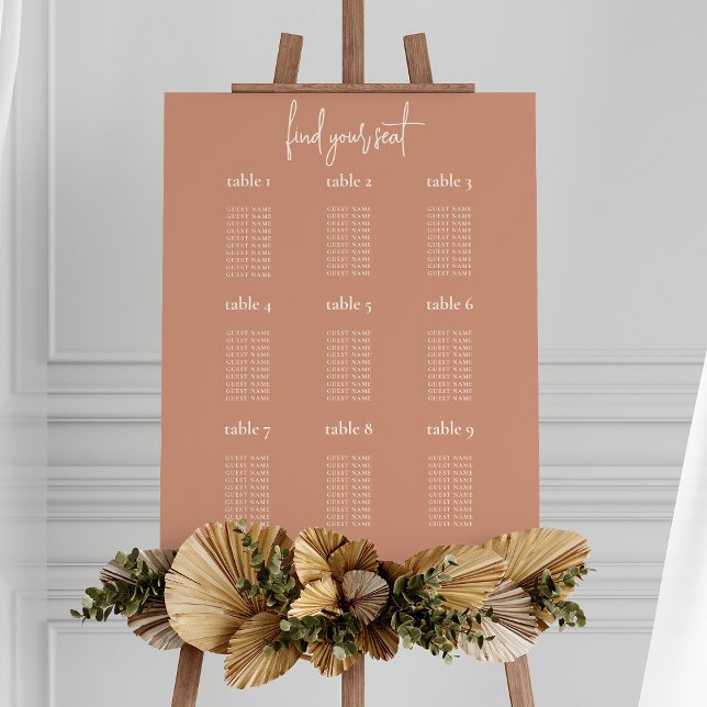 Boho Terracotta 9 Table Wedding Seating Chart Foam Board (9 table seating chart)