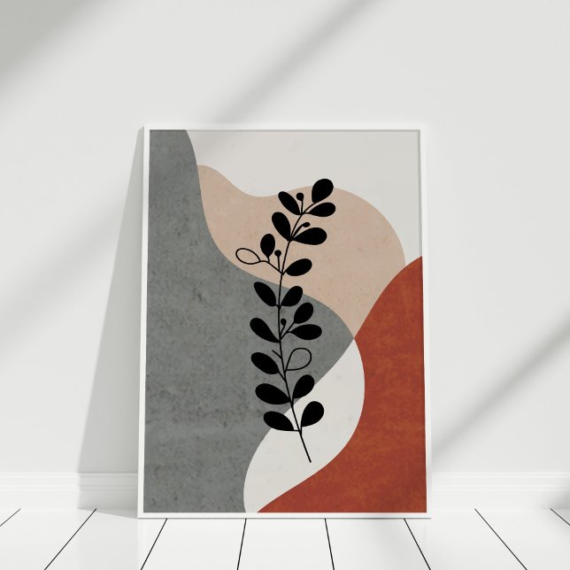 Boho Terracotta Abstract Botanical Art Poster (Boho Terracotta Abstract Botanical Art Poster against white wall in white frame.)