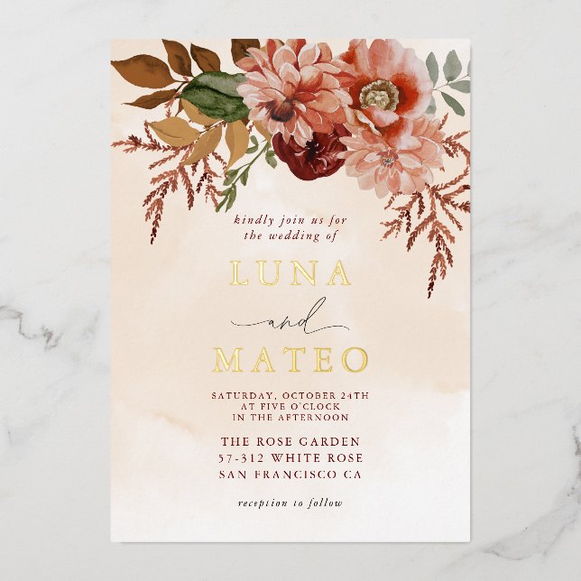 Boho Terracotta and Burgundy Fall Floral Wedding Foil Invitation (Front)