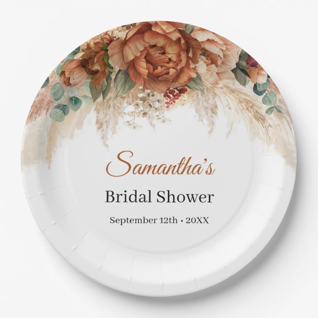 Boho terracotta and burgundy floral pampas paper plates (Front)