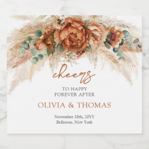 Boho Terracotta and burgundy flowers pampas grass Sparkling Wine Label