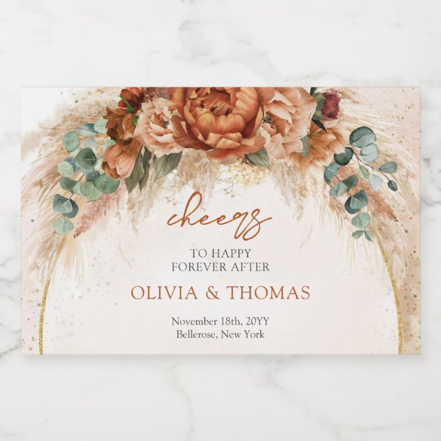 Boho Terracotta and burgundy flowers pampas grass  Sparkling Wine Label (Single Label)