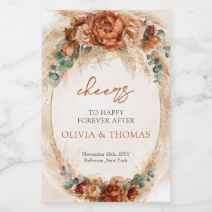 Boho Terracotta and burgundy flowers pampas grass  Wine Label