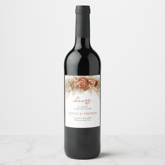 Boho Terracotta and burgundy flowers pampas grass  Wine Label (Front)