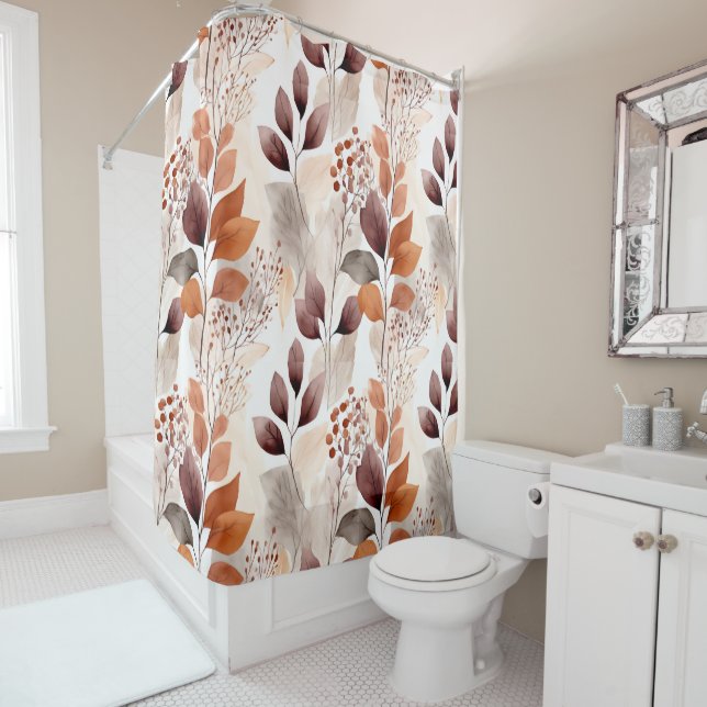 Boho Terracotta and Burgundy Leaves Shower Curtain (In Situ)