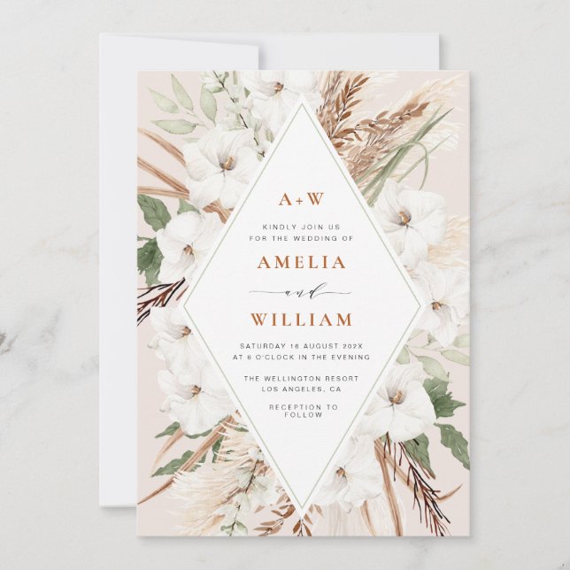 boho terracotta and pampass grass wedding invitation (Front)