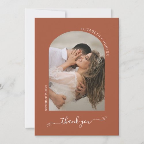 Boho Terracotta Arch Frame Script Wedding Photo Thank You Card