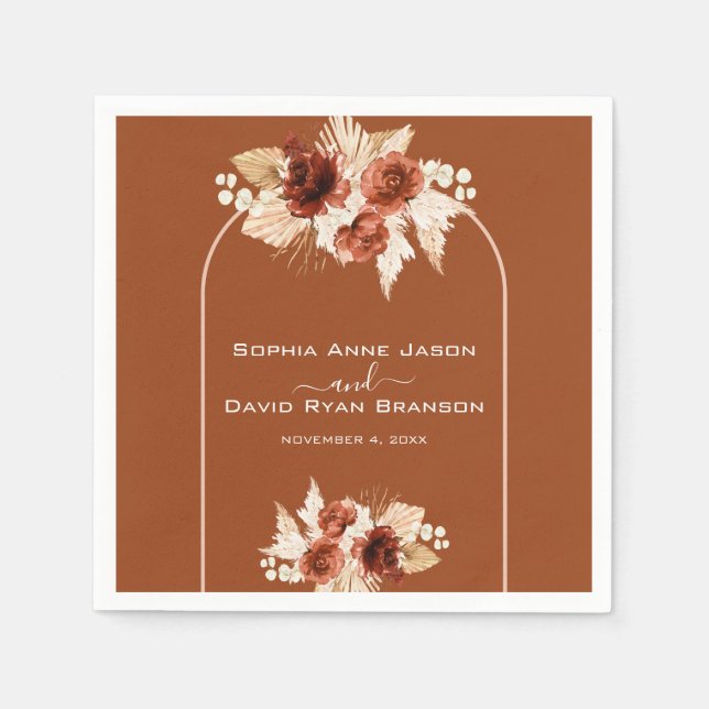 Boho Terracotta Arch Pampas Grass Floral Wedding  Napkins (Front)