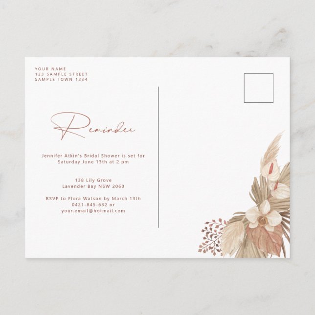 Boho Terracotta Arch Pampas Grass Reminder Postcard (Back)