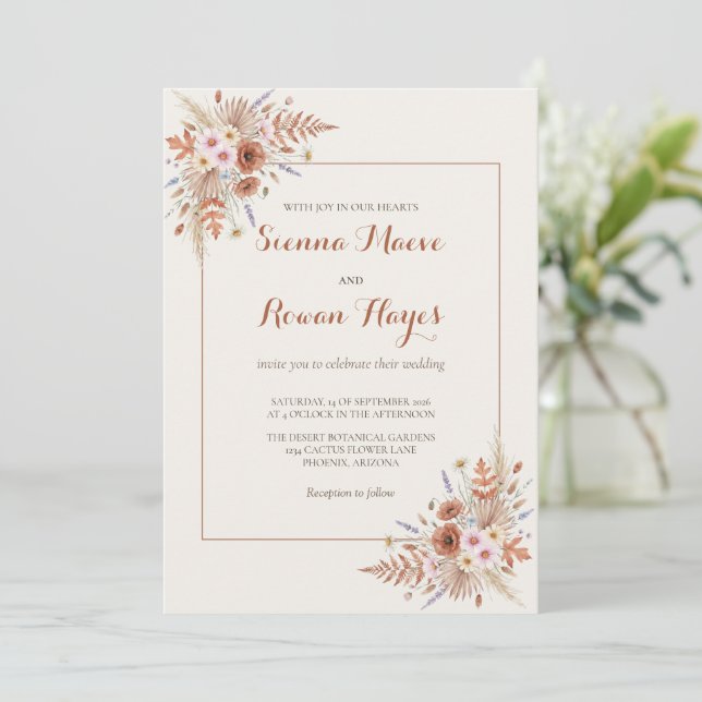 Boho Terracotta Arch & Pampas Grass Wedding Invitation (Standing Front)