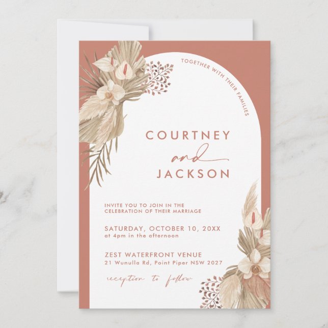 Boho Terracotta Arch Pampas Grass Wedding  Invitation (Front)