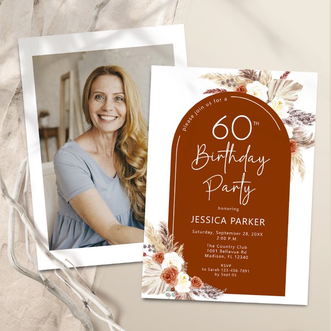 Boho Terracotta Arch Photo 60th Birthday Invitation (Creator Uploaded)