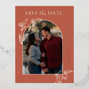 Boho Terracotta Arch Photo Floral Save The Date Foil Holiday Postcard
