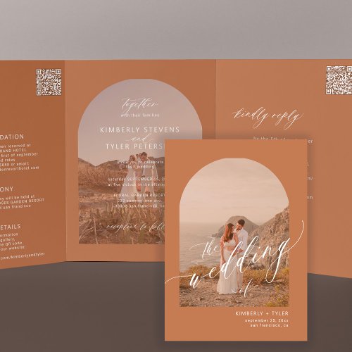 Boho terracotta arch photo QR code wedding