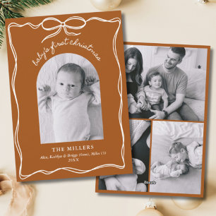 Boho Terracotta Baby's 1st Christmas Bow Photo Holiday Card