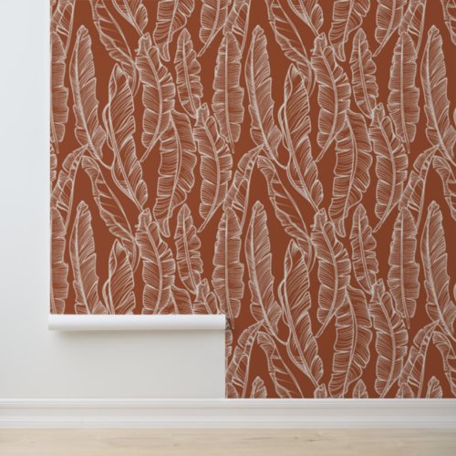 Boho Terracotta Banana Leaves Print Wallpaper